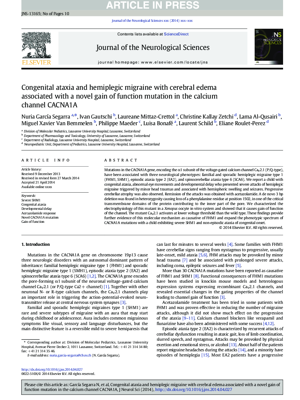 Congenital ataxia and hemiplegic migraine with cerebral edema associated with a novel gain of function mutation in the calcium channel CACNA1A