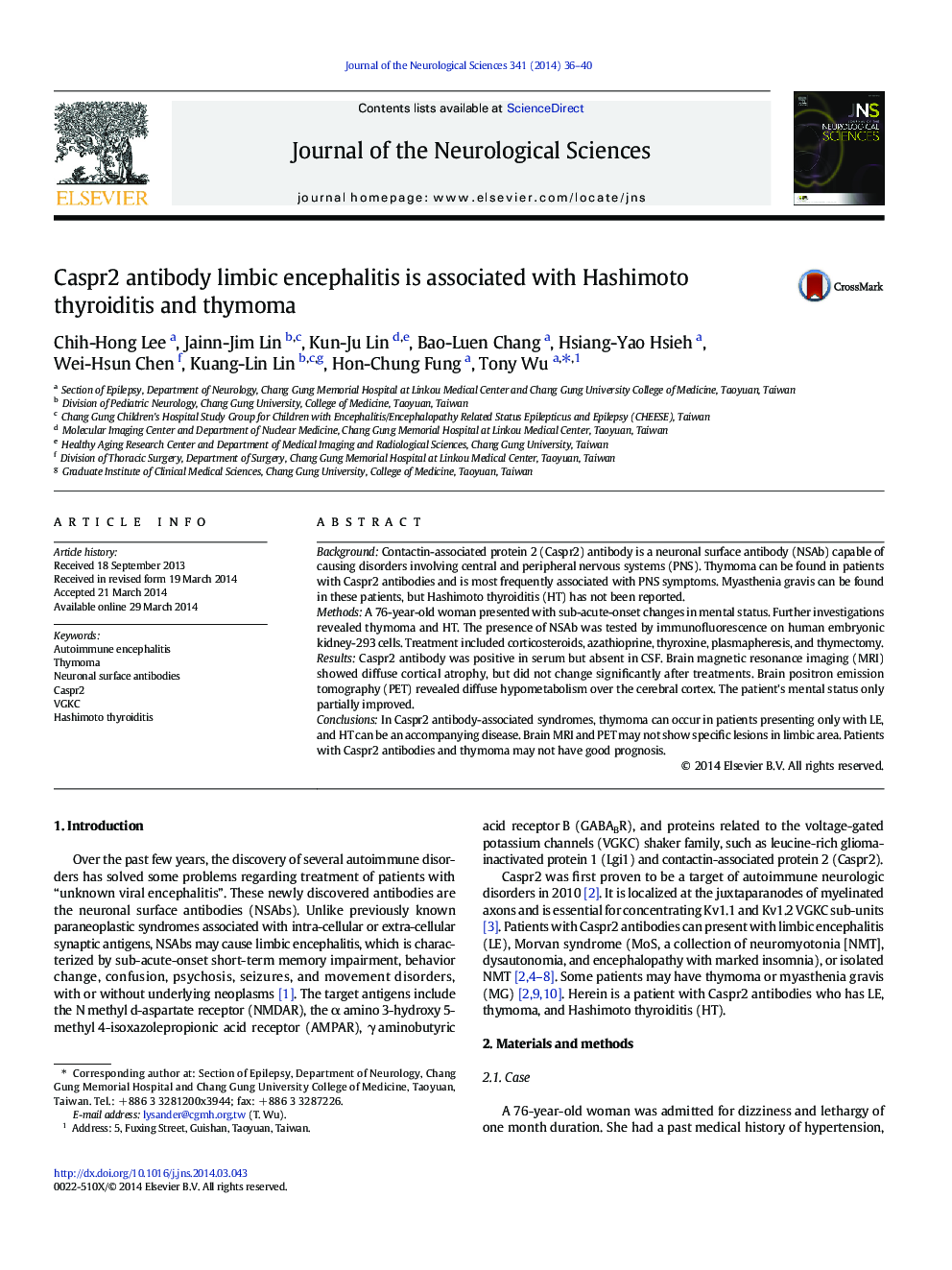 Caspr2 antibody limbic encephalitis is associated with Hashimoto thyroiditis and thymoma