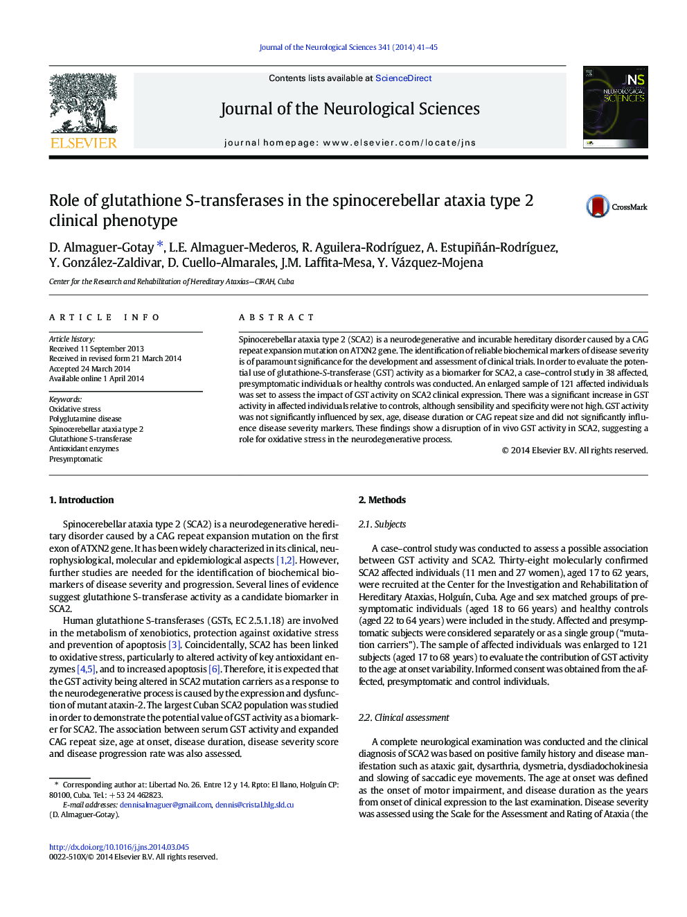 Role of glutathione S-transferases in the spinocerebellar ataxia type 2 clinical phenotype