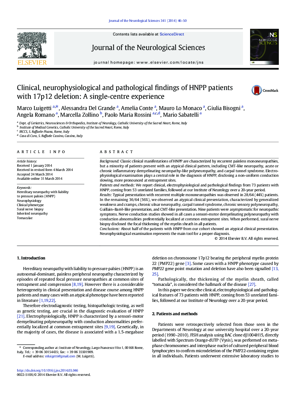 Clinical, neurophysiological and pathological findings of HNPP patients with 17p12 deletion: A single-centre experience