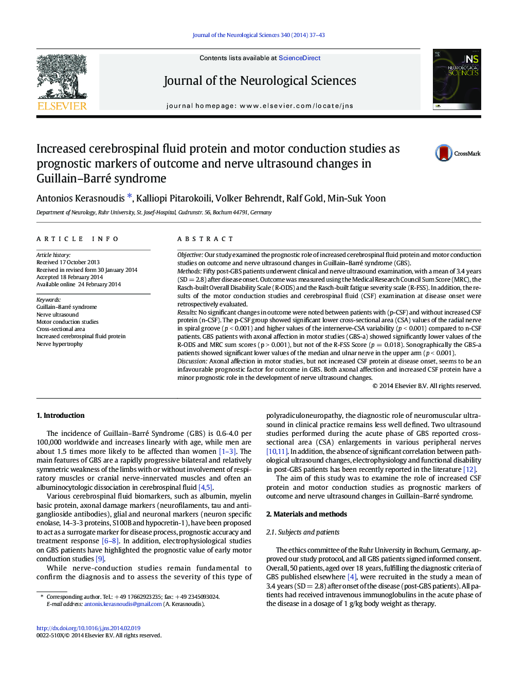 Increased cerebrospinal fluid protein and motor conduction studies as prognostic markers of outcome and nerve ultrasound changes in Guillain-Barré syndrome