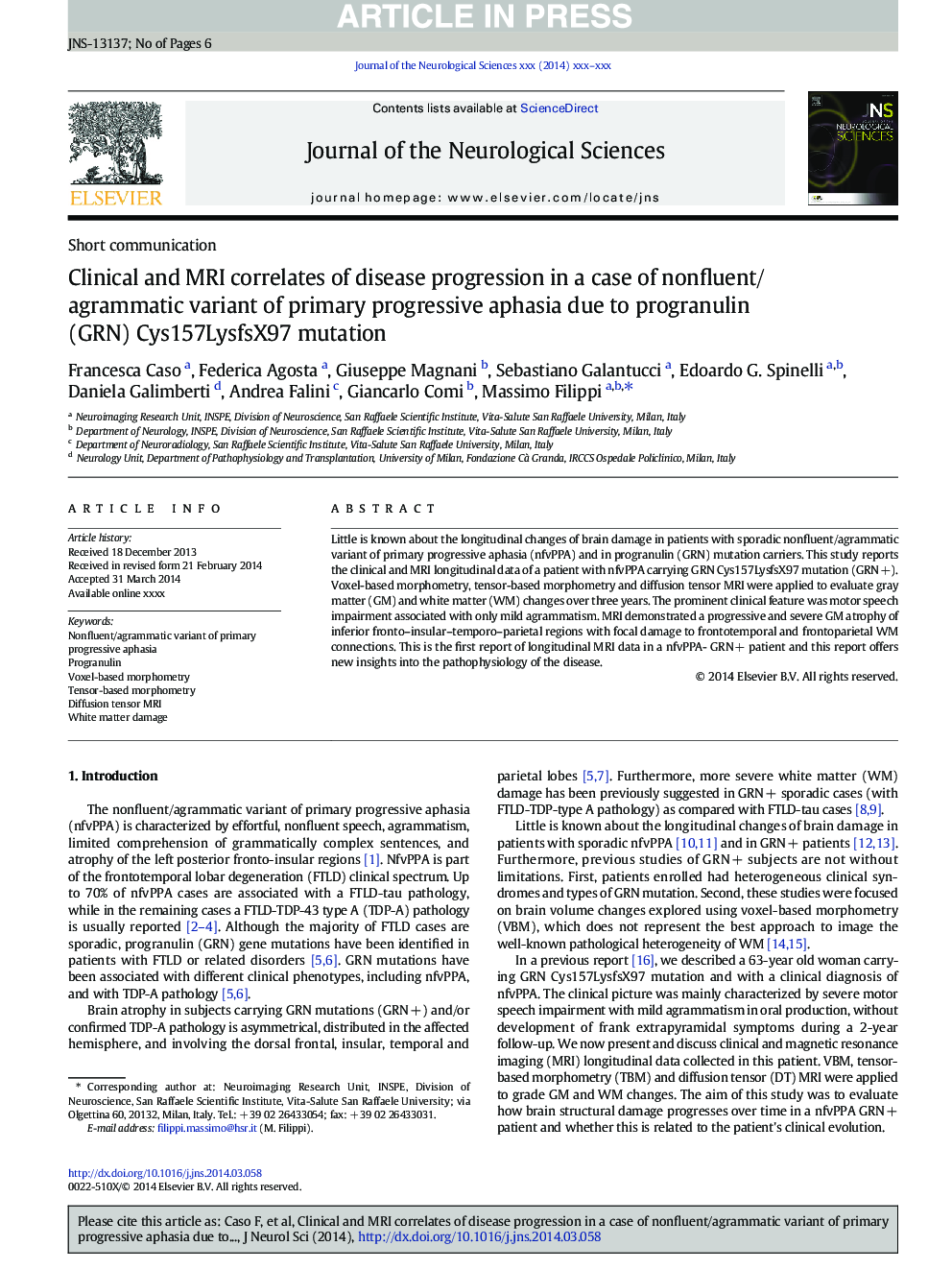 Clinical and MRI correlates of disease progression in a case of nonfluent/agrammatic variant of primary progressive aphasia due to progranulin (GRN) Cys157LysfsX97 mutation