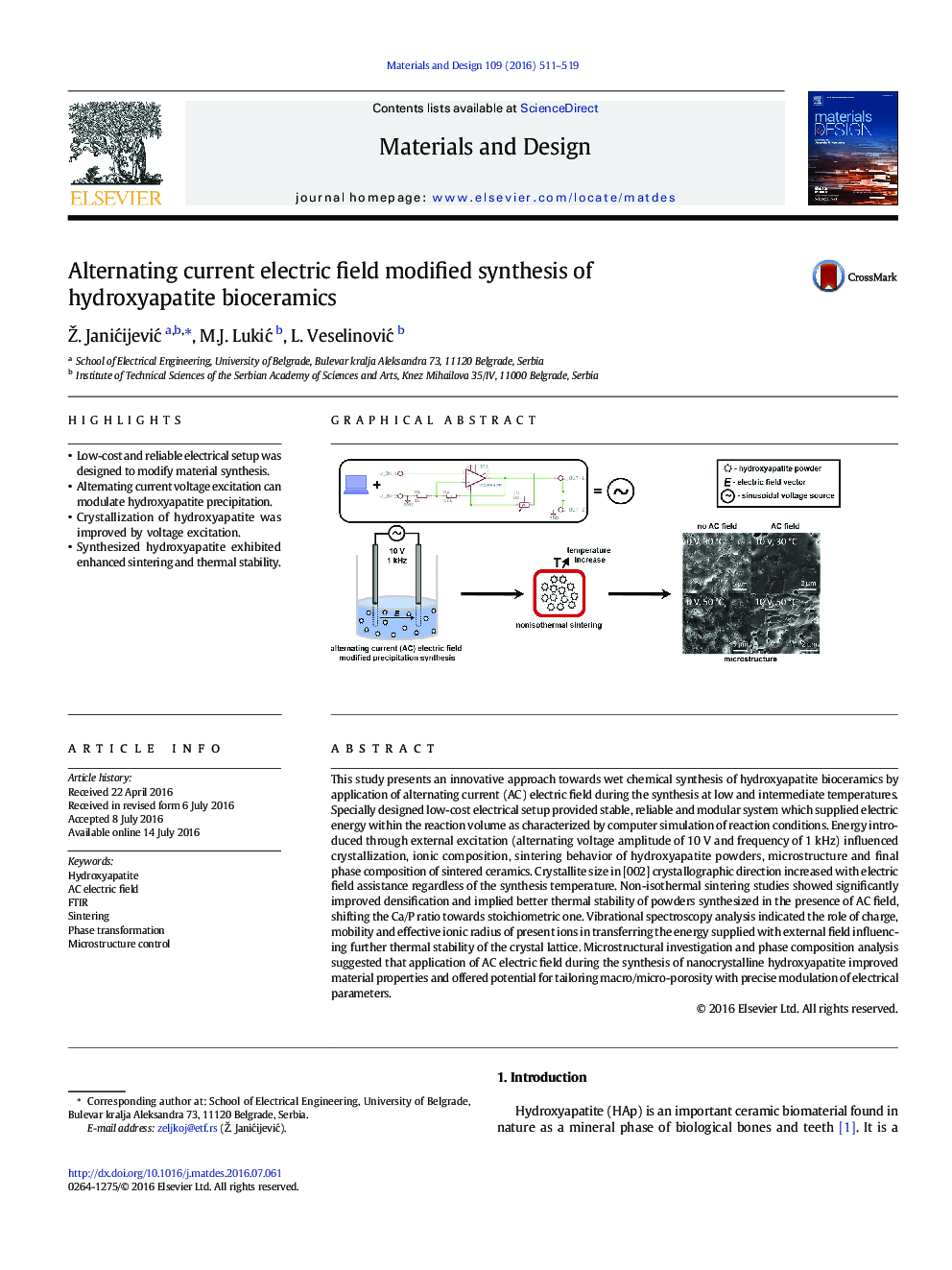 Alternating current electric field modified synthesis of hydroxyapatite bioceramics