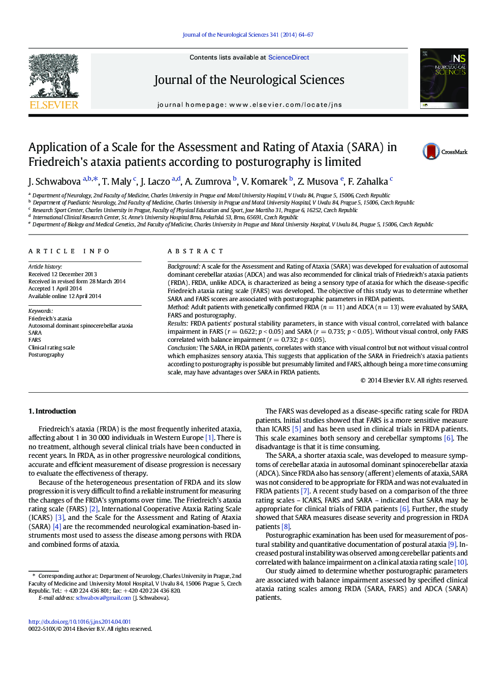 Application of a Scale for the Assessment and Rating of Ataxia (SARA) in Friedreich's ataxia patients according to posturography is limited