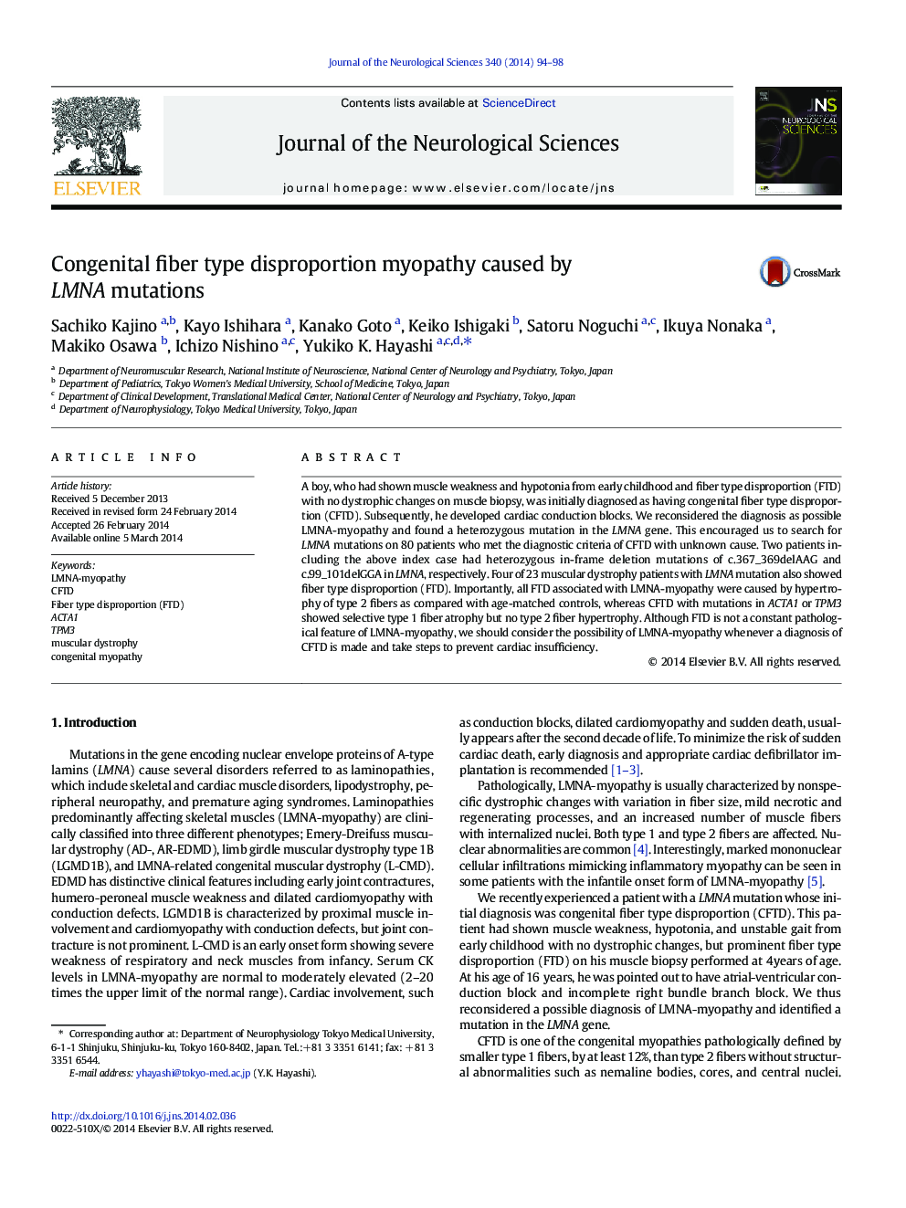 Congenital fiber type disproportion myopathy caused by LMNA mutations