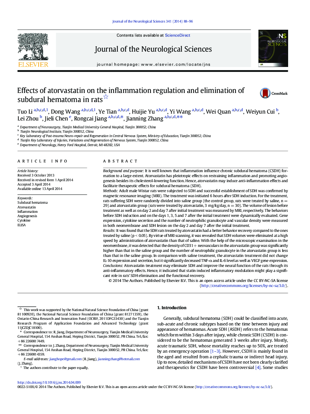 Effects of atorvastatin on the inflammation regulation and elimination of subdural hematoma in rats