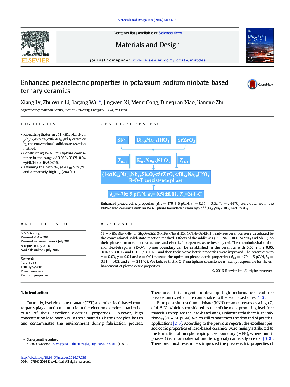 Enhanced piezoelectric properties in potassium-sodium niobate-based ternary ceramics