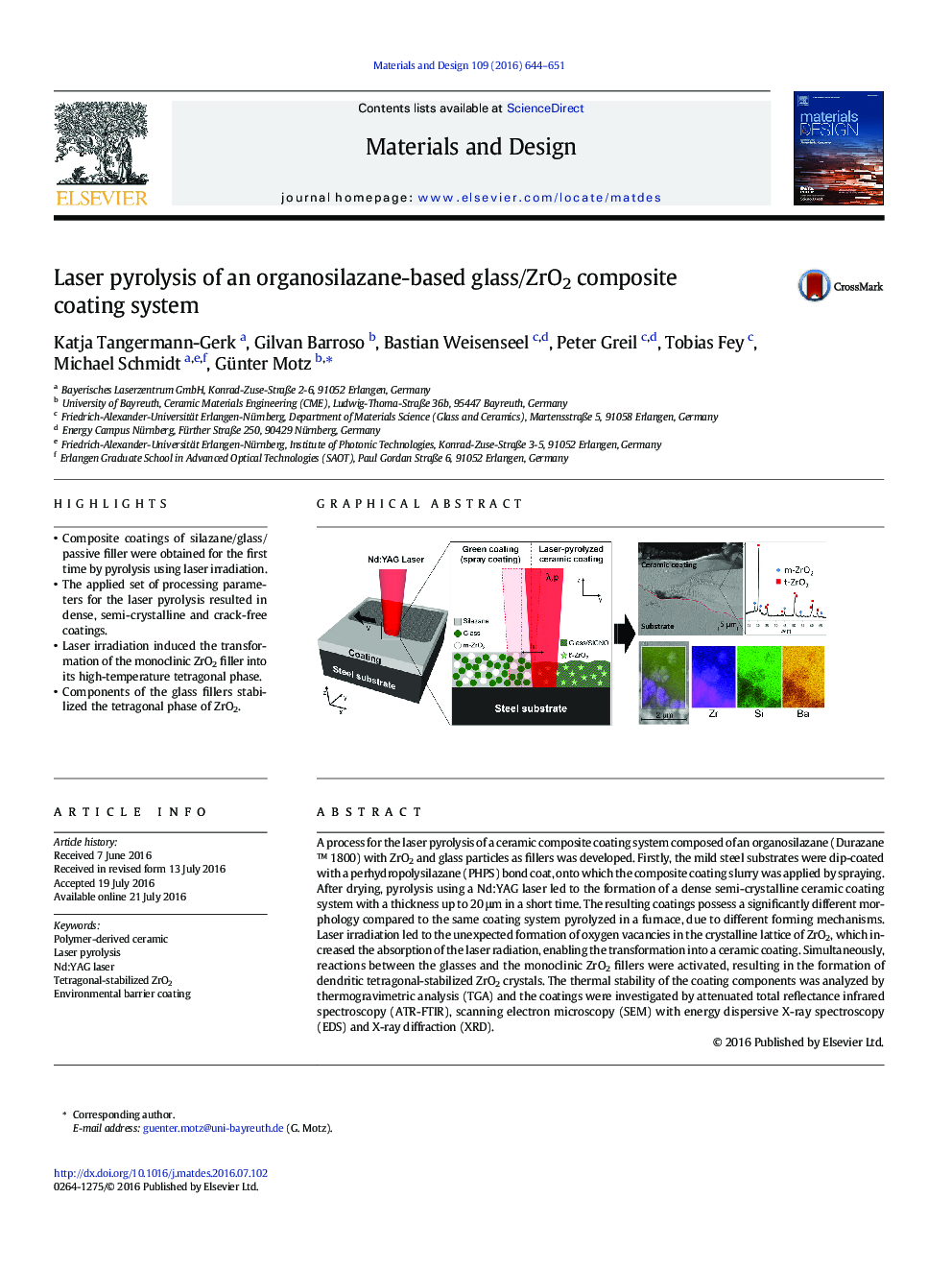 Laser pyrolysis of an organosilazane-based glass/ZrO2 composite coating system