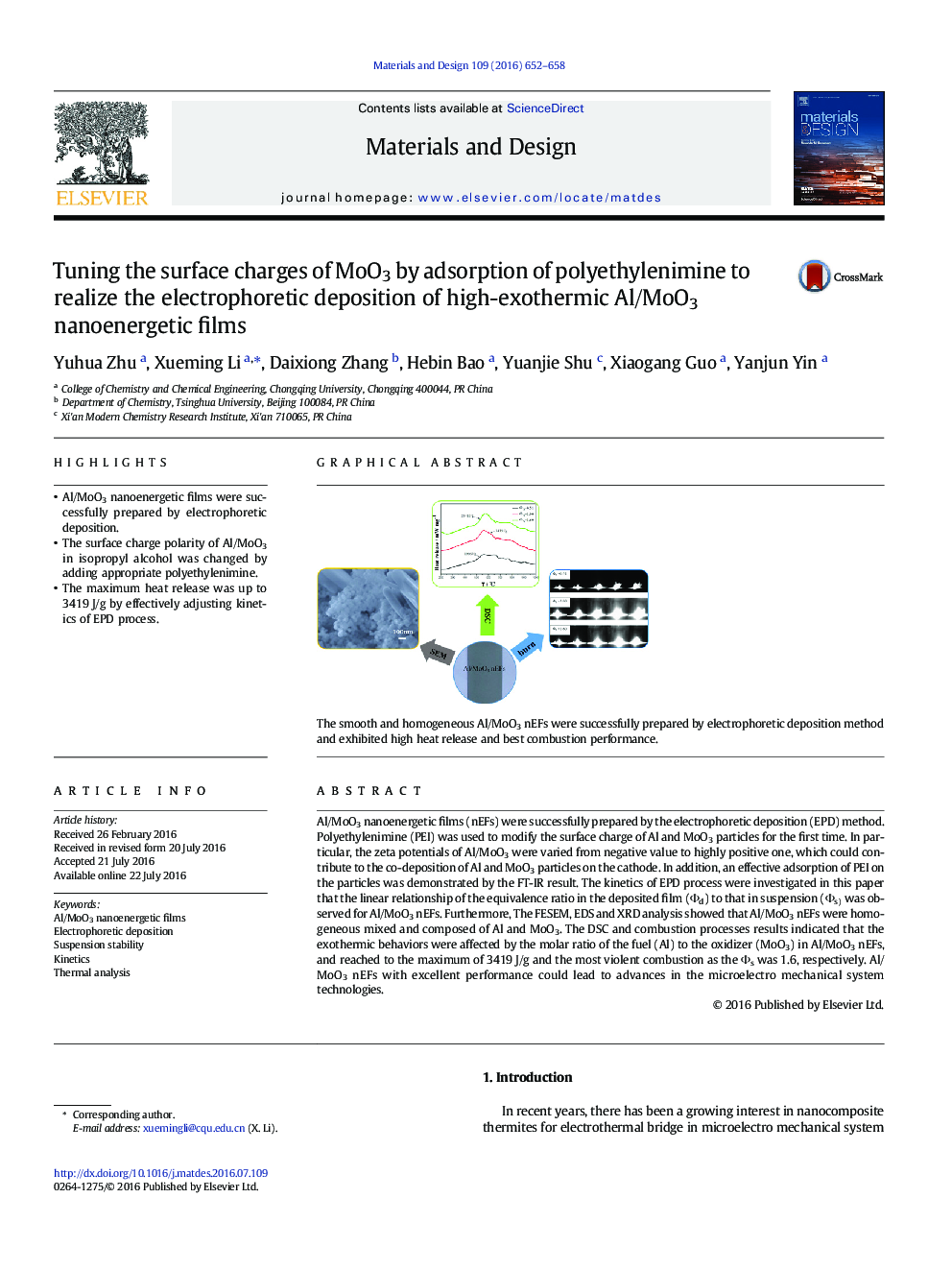 Tuning the surface charges of MoO3 by adsorption of polyethylenimine to realize the electrophoretic deposition of high-exothermic Al/MoO3 nanoenergetic films