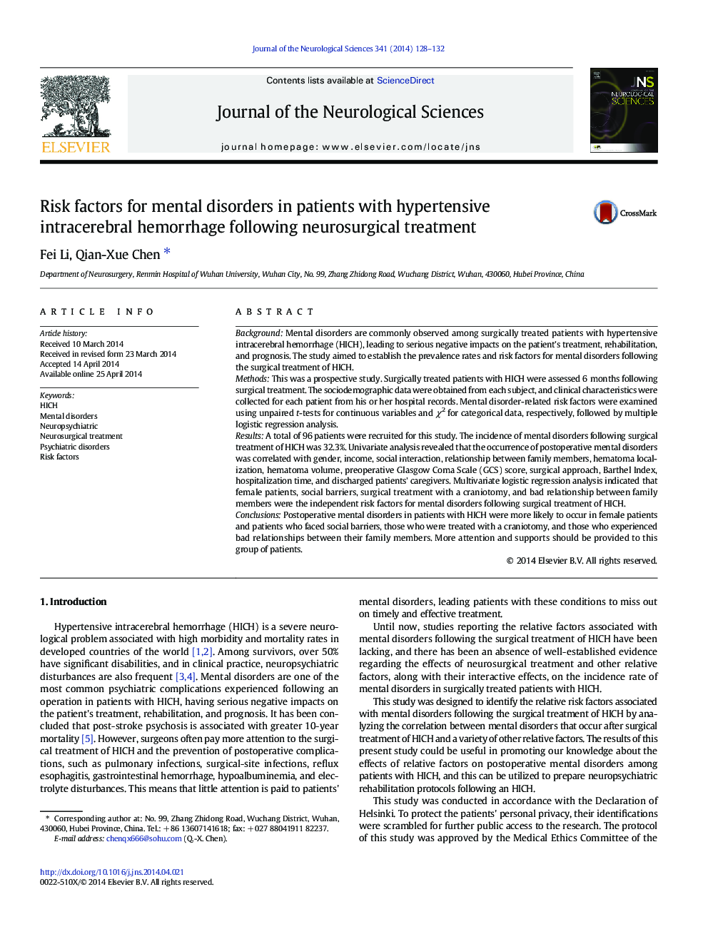 Risk factors for mental disorders in patients with hypertensive intracerebral hemorrhage following neurosurgical treatment