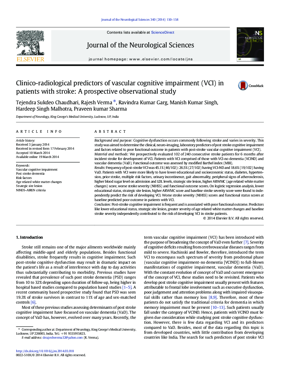 Clinico-radiological predictors of vascular cognitive impairment (VCI) in patients with stroke: A prospective observational study