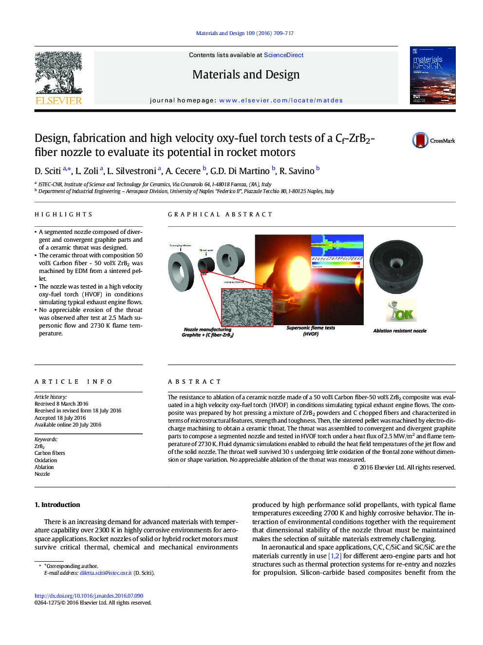 Design, fabrication and high velocity oxy-fuel torch tests of a Cf-ZrB2- fiber nozzle to evaluate its potential in rocket motors