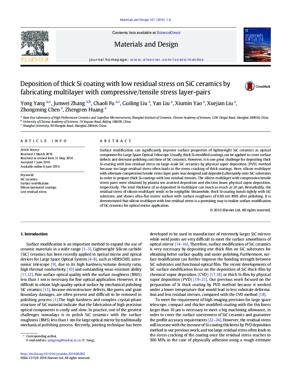 Deposition of thick Si coating with low residual stress on SiC ceramics by fabricating multilayer with compressive/tensile stress layer-pairs