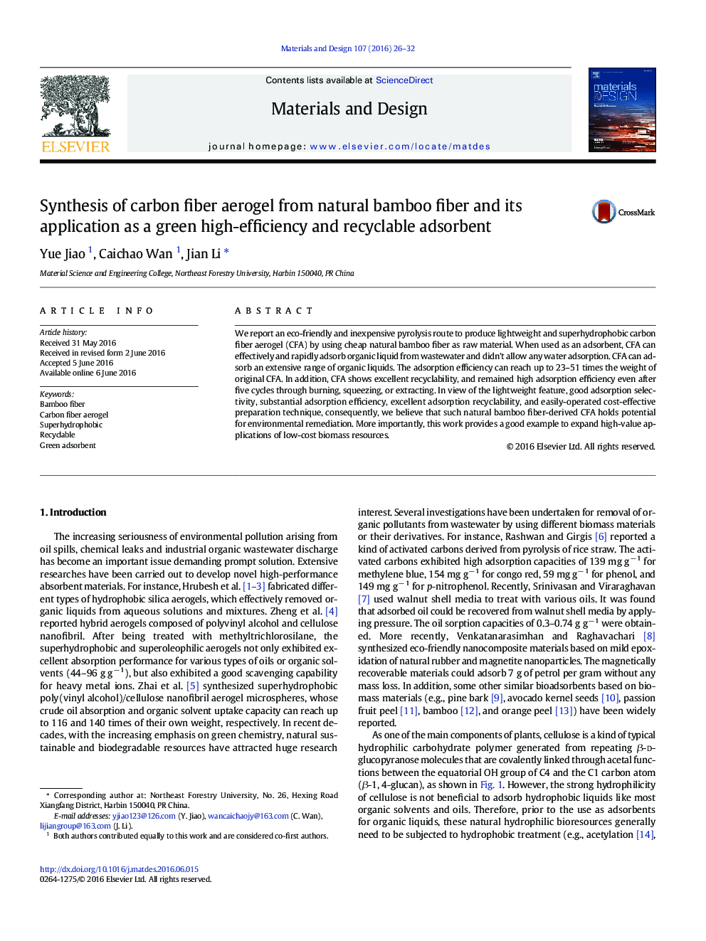 Synthesis of carbon fiber aerogel from natural bamboo fiber and its application as a green high-efficiency and recyclable adsorbent