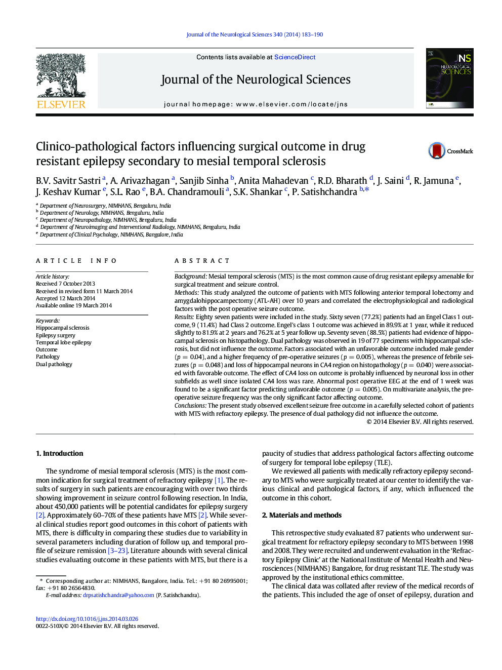 Clinico-pathological factors influencing surgical outcome in drug resistant epilepsy secondary to mesial temporal sclerosis