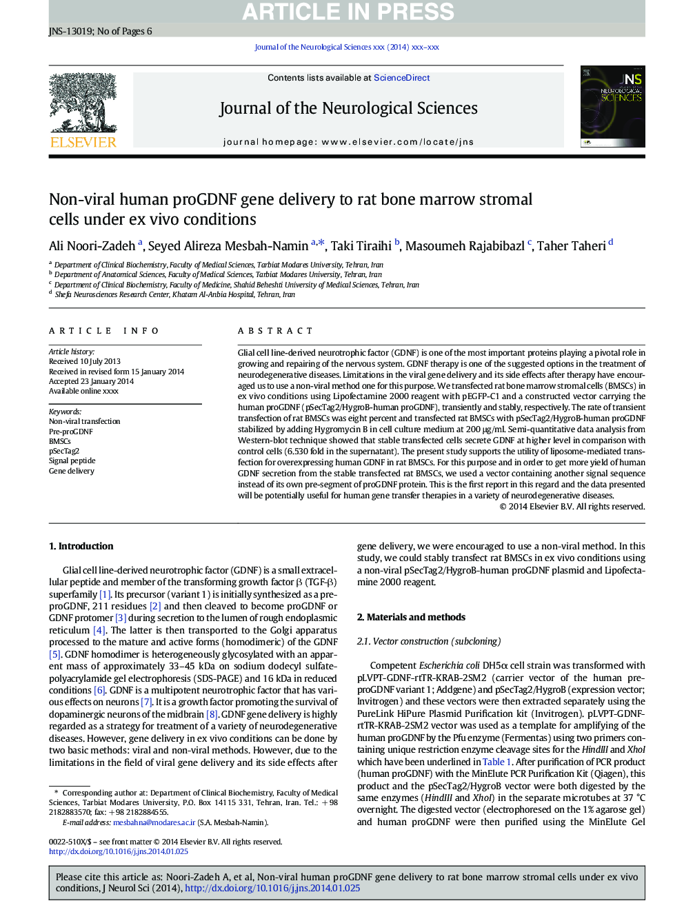 Non-viral human proGDNF gene delivery to rat bone marrow stromal cells under ex vivo conditions