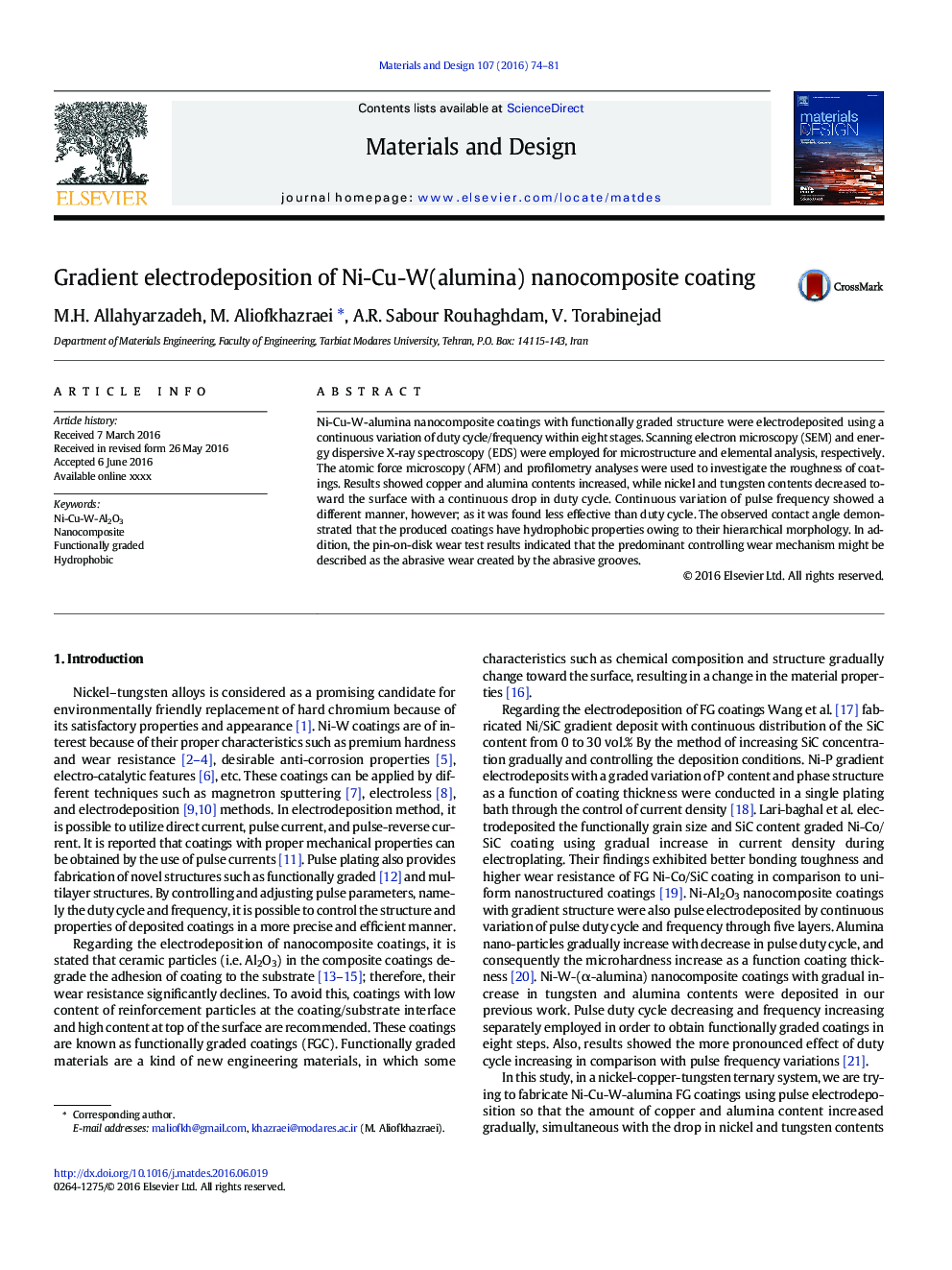 Gradient electrodeposition of Ni-Cu-W(alumina) nanocomposite coating