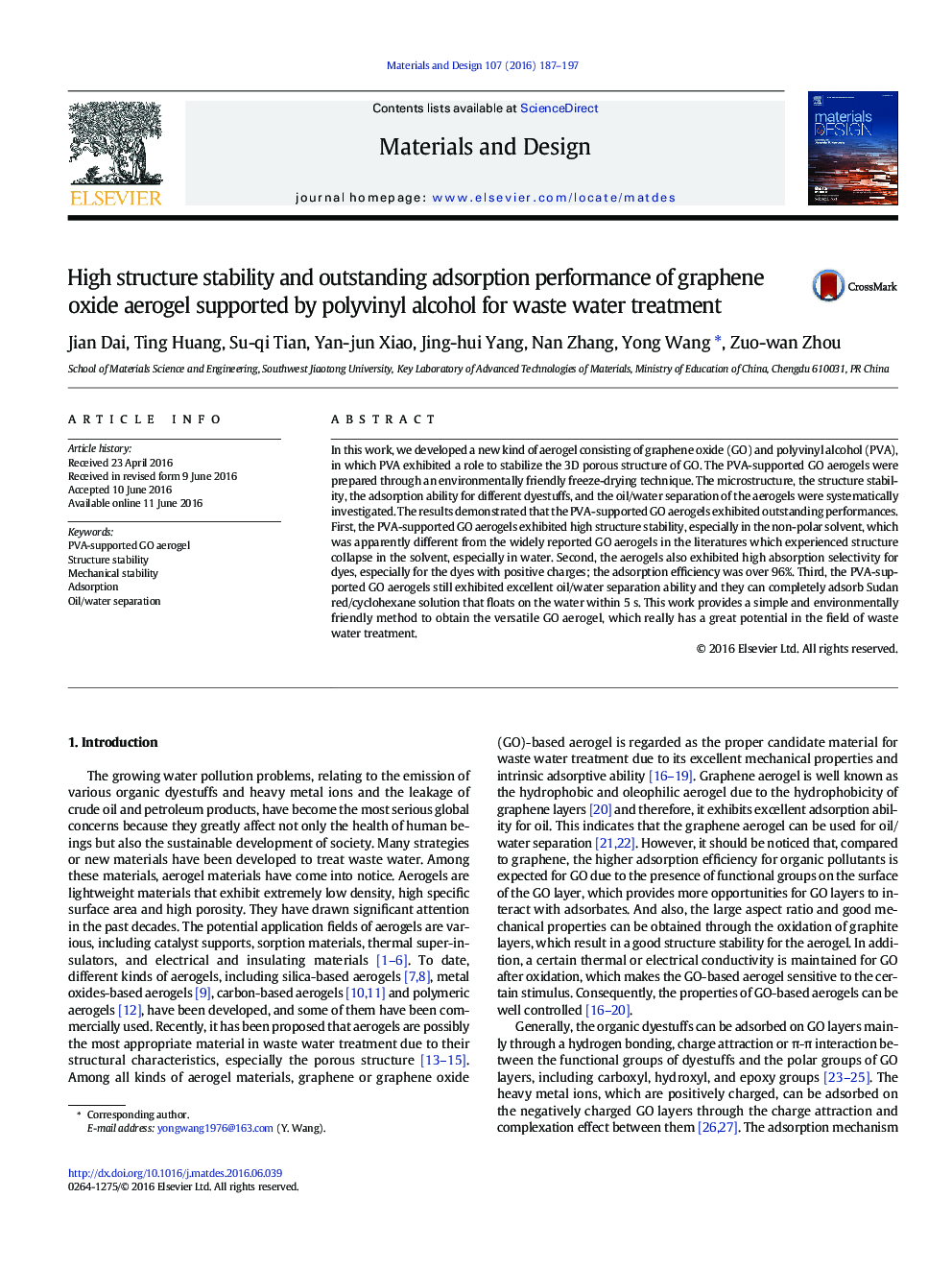 High structure stability and outstanding adsorption performance of graphene oxide aerogel supported by polyvinyl alcohol for waste water treatment