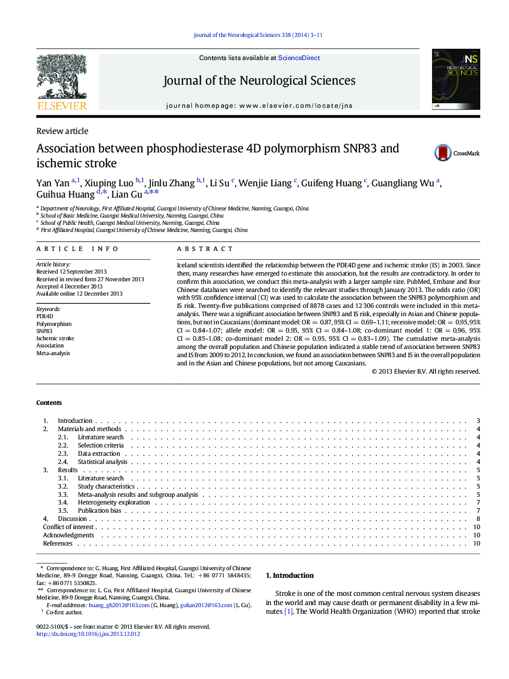 Association between phosphodiesterase 4D polymorphism SNP83 and ischemic stroke