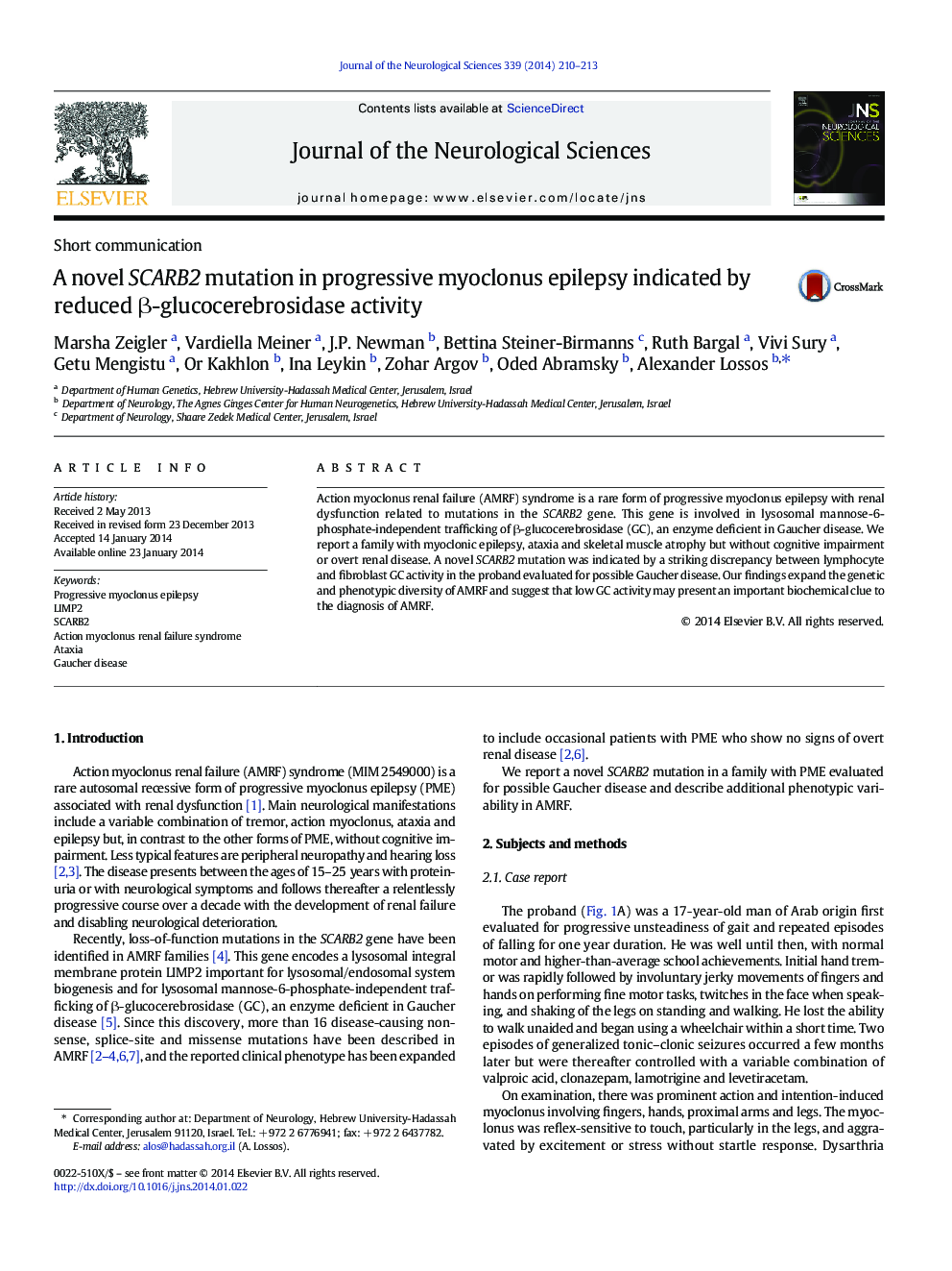 A novel SCARB2 mutation in progressive myoclonus epilepsy indicated by reduced Î²-glucocerebrosidase activity