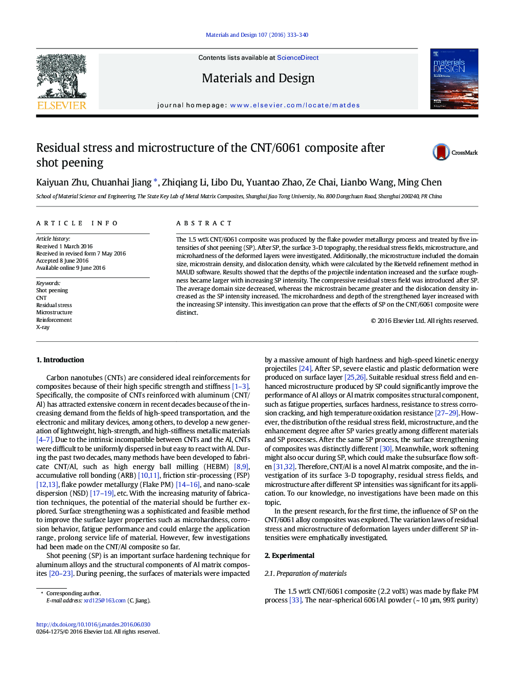 Residual stress and microstructure of the CNT/6061 composite after shot peening