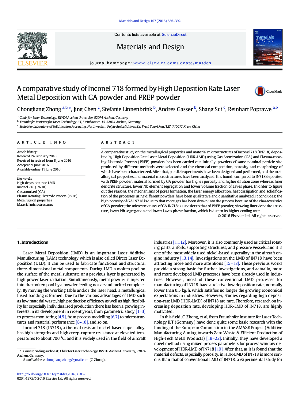 A comparative study of Inconel 718 formed by High Deposition Rate Laser Metal Deposition with GA powder and PREP powder