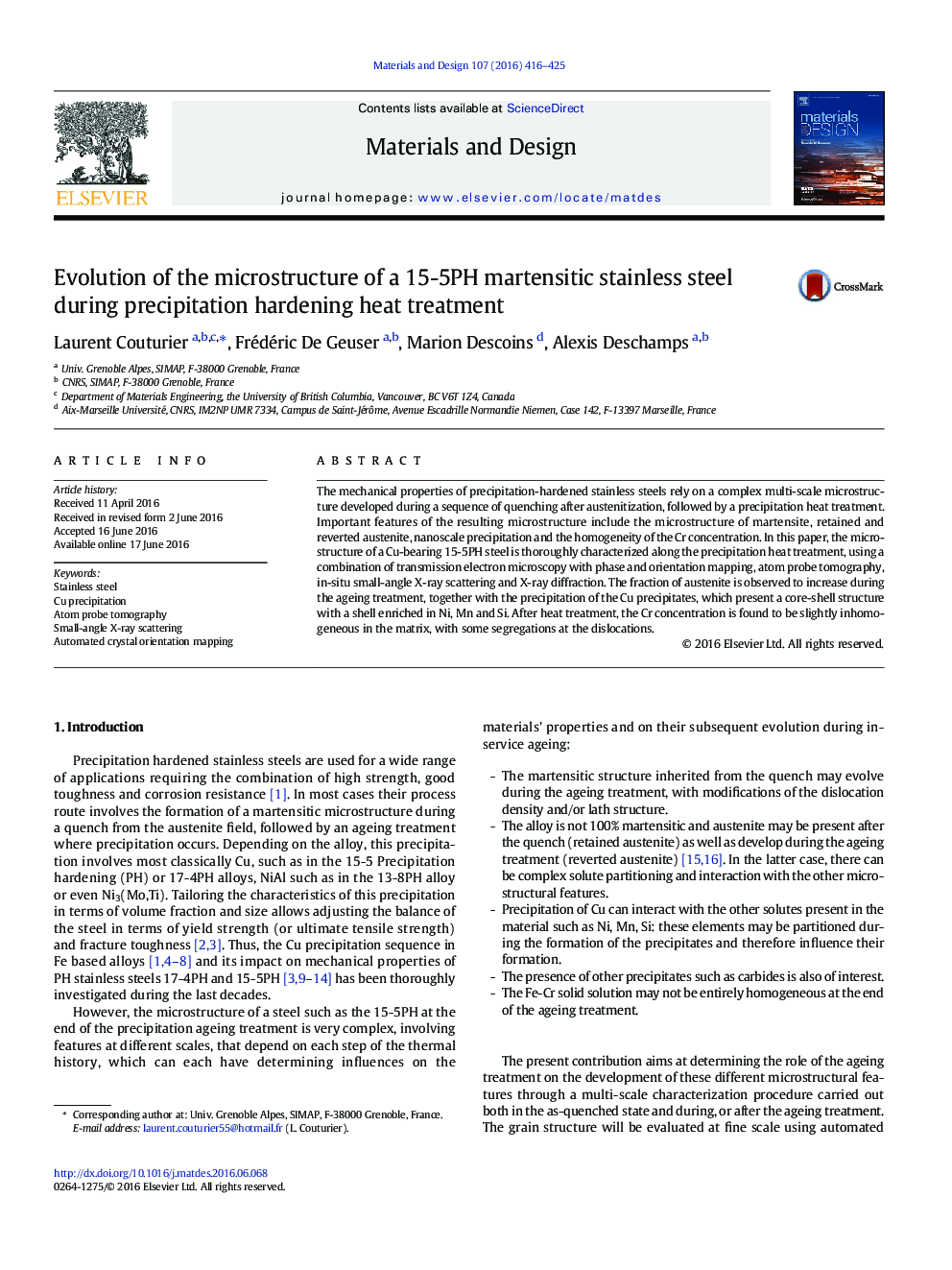 Evolution of the microstructure of a 15-5PH martensitic stainless steel during precipitation hardening heat treatment