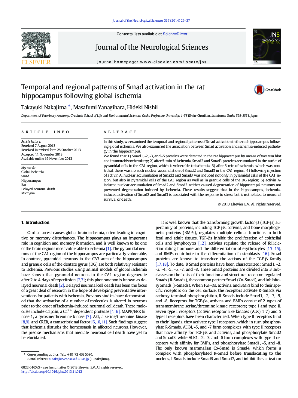 Temporal and regional patterns of Smad activation in the rat hippocampus following global ischemia