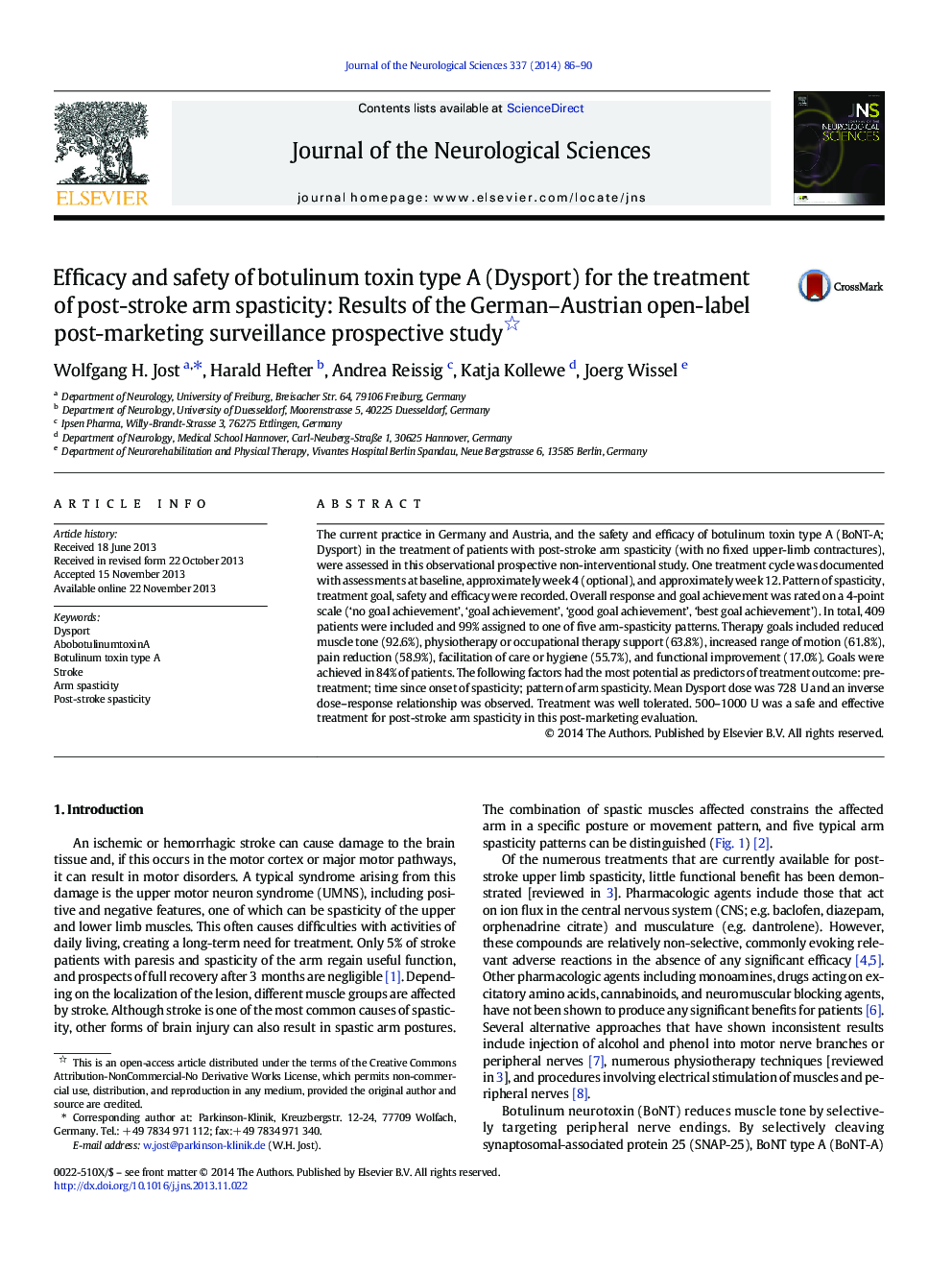 Efficacy and safety of botulinum toxin type A (Dysport) for the treatment of post-stroke arm spasticity: Results of the German-Austrian open-label post-marketing surveillance prospective study