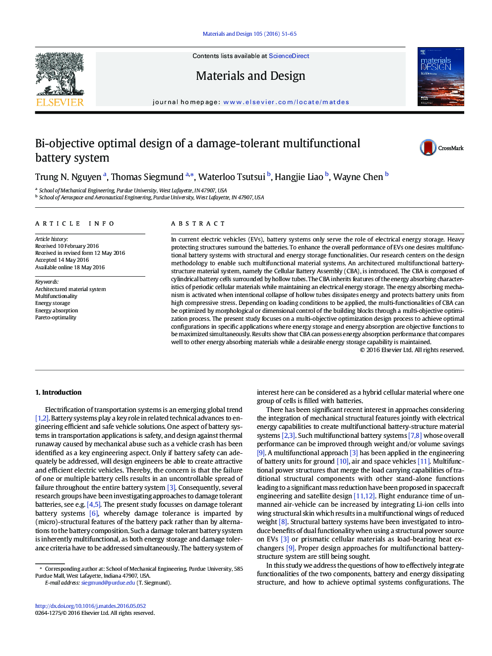 Bi-objective optimal design of a damage-tolerant multifunctional battery system