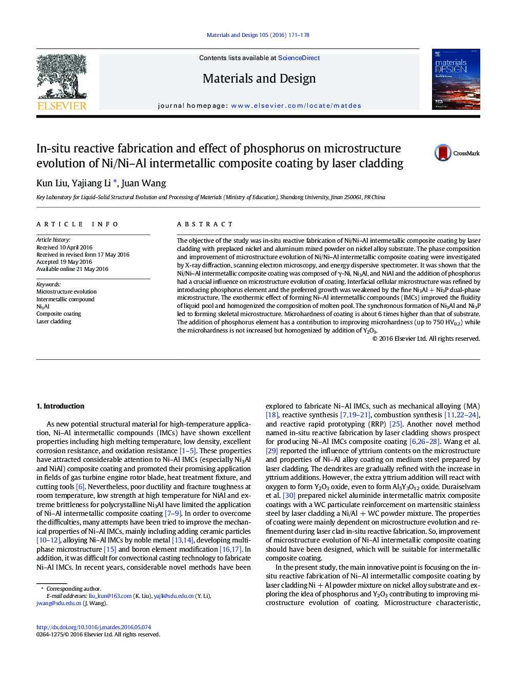 In-situ reactive fabrication and effect of phosphorus on microstructure evolution of Ni/Ni–Al intermetallic composite coating by laser cladding