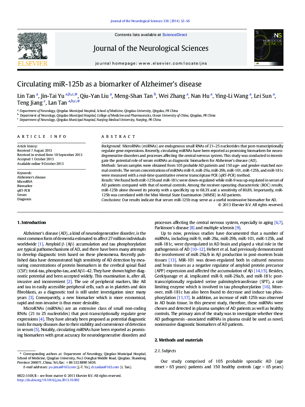 Circulating miR-125b as a biomarker of Alzheimer's disease