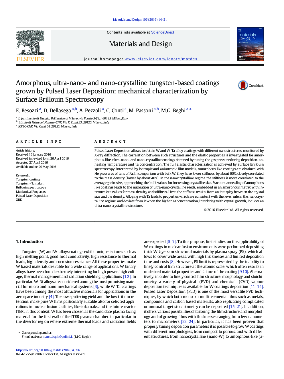 Amorphous, ultra-nano- and nano-crystalline tungsten-based coatings grown by Pulsed Laser Deposition: mechanical characterization by Surface Brillouin Spectroscopy
