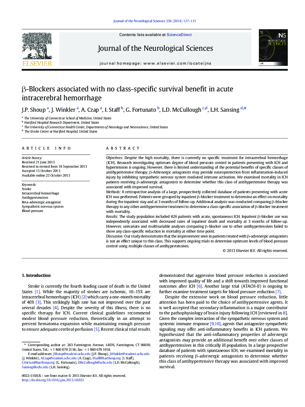 Î²-Blockers associated with no class-specific survival benefit in acute intracerebral hemorrhage