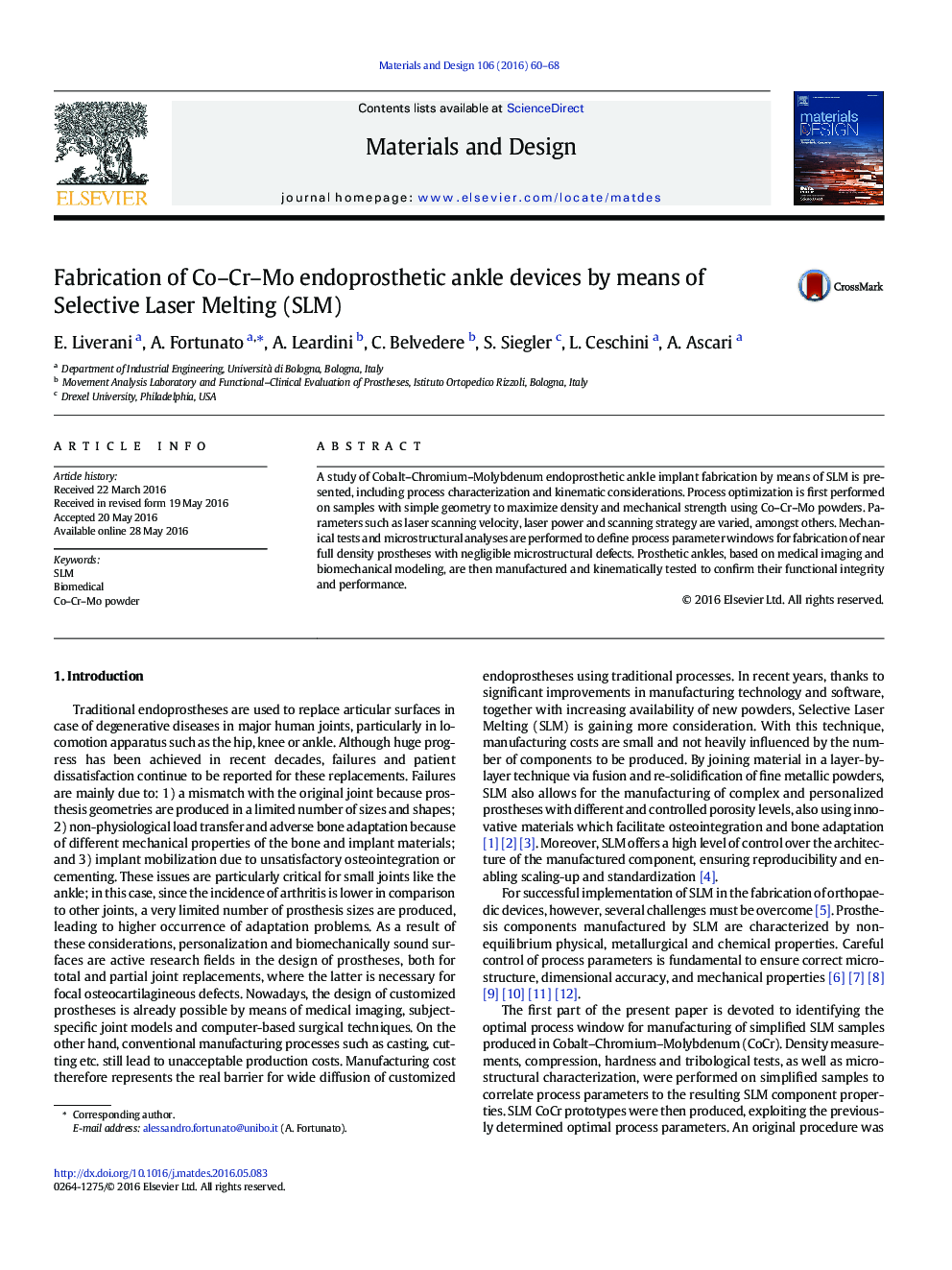 Fabrication of Co–Cr–Mo endoprosthetic ankle devices by means of Selective Laser Melting (SLM)