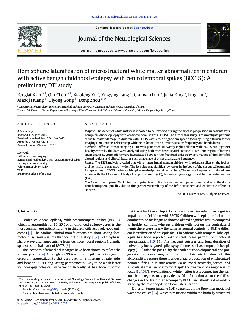 Hemispheric lateralization of microstructural white matter abnormalities in children with active benign childhood epilepsy with centrotemporal spikes (BECTS): A preliminary DTI study