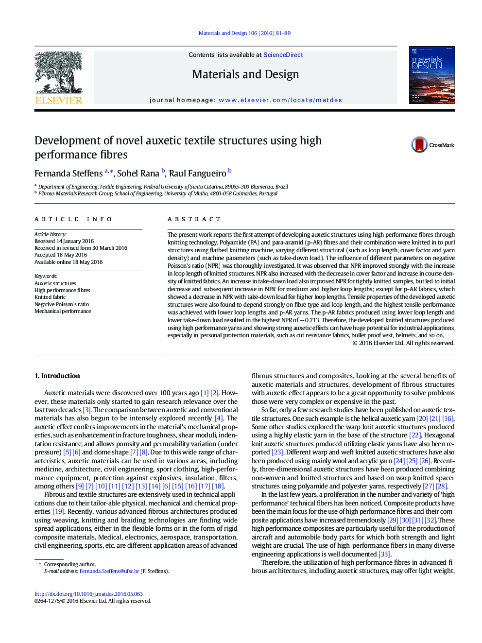 Development of novel auxetic textile structures using high performance fibres