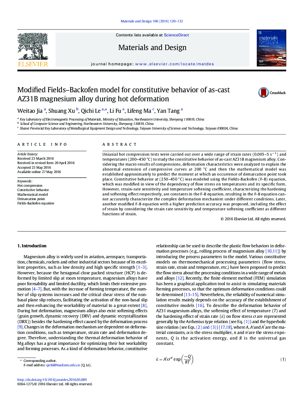 Modified Fields–Backofen model for constitutive behavior of as-cast AZ31B magnesium alloy during hot deformation