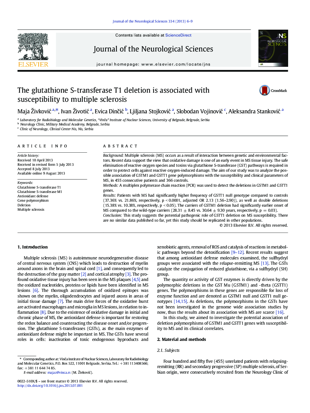 The glutathione S-transferase T1 deletion is associated with susceptibility to multiple sclerosis