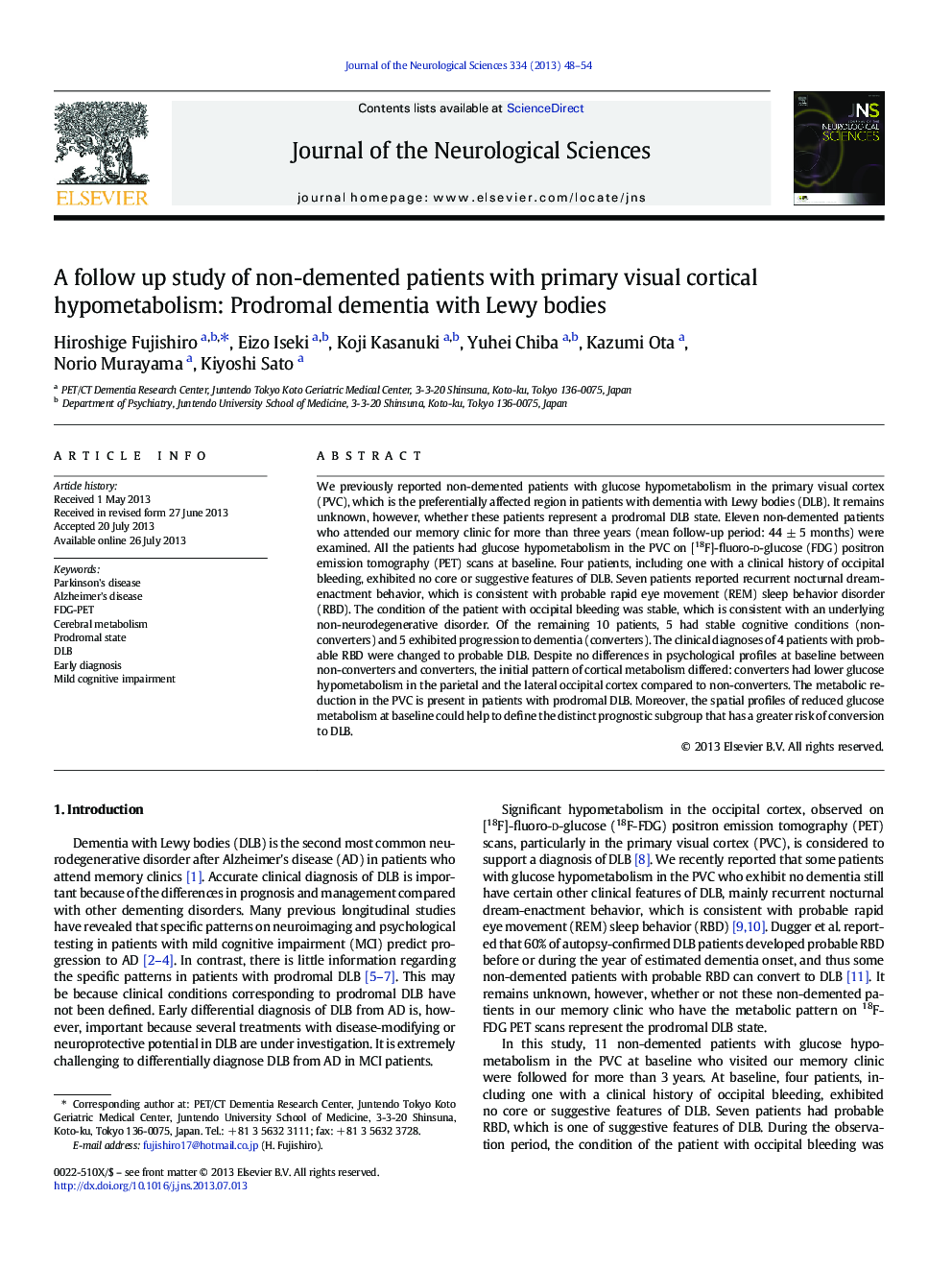 A follow up study of non-demented patients with primary visual cortical hypometabolism: Prodromal dementia with Lewy bodies