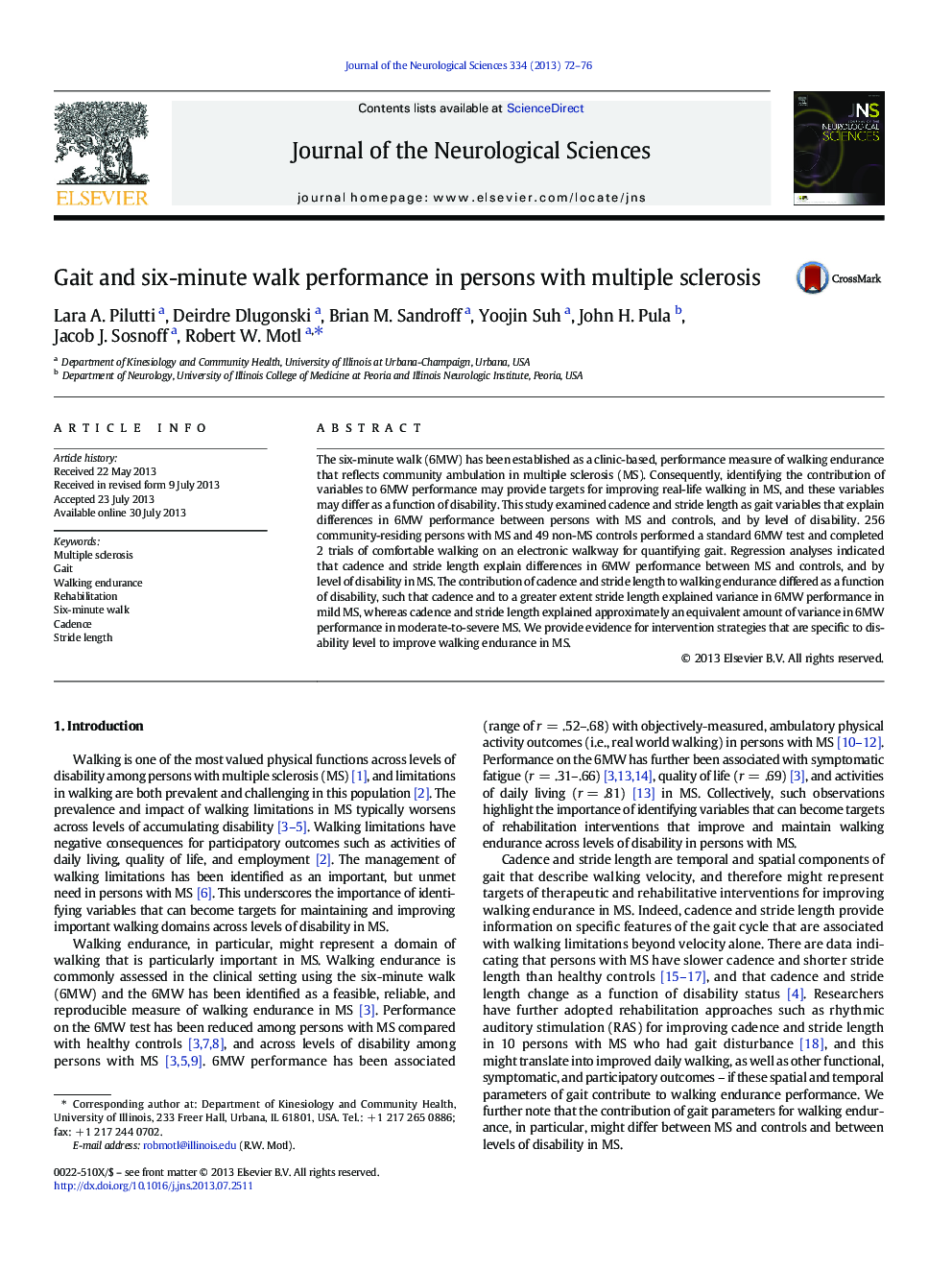 Gait and six-minute walk performance in persons with multiple sclerosis