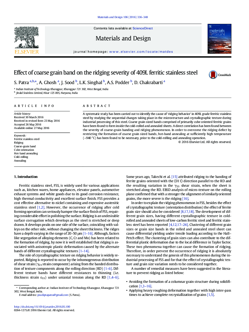 Effect of coarse grain band on the ridging severity of 409L ferritic stainless steel