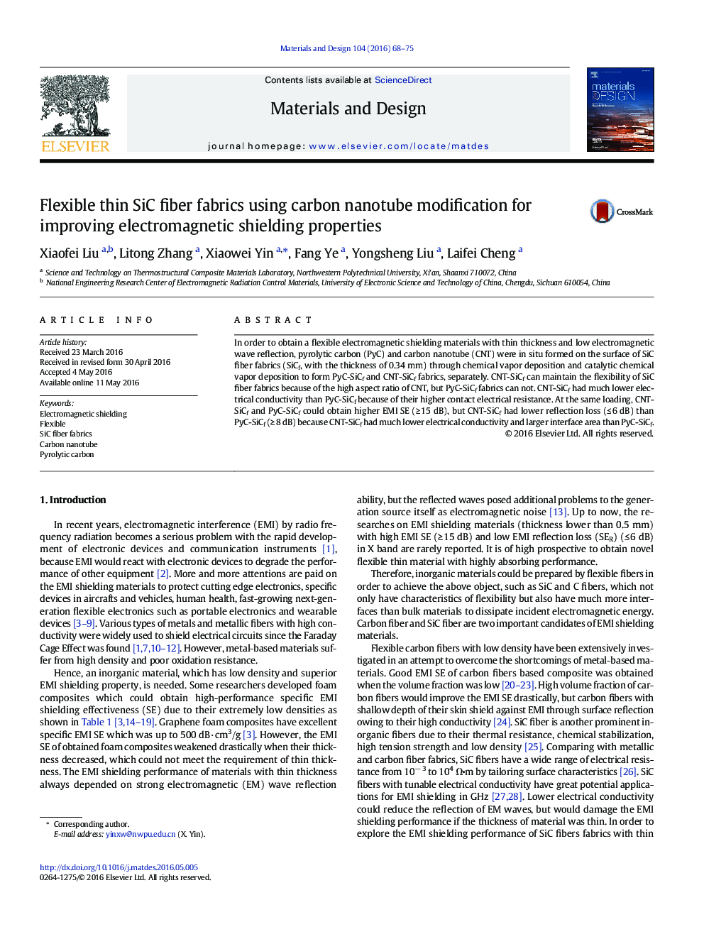 Flexible thin SiC fiber fabrics using carbon nanotube modification for improving electromagnetic shielding properties