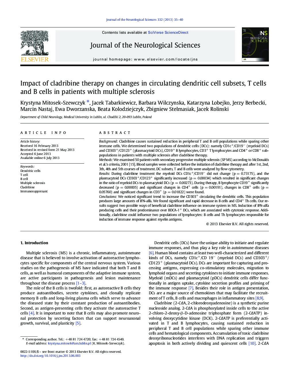 Impact of cladribine therapy on changes in circulating dendritic cell subsets, T cells and B cells in patients with multiple sclerosis