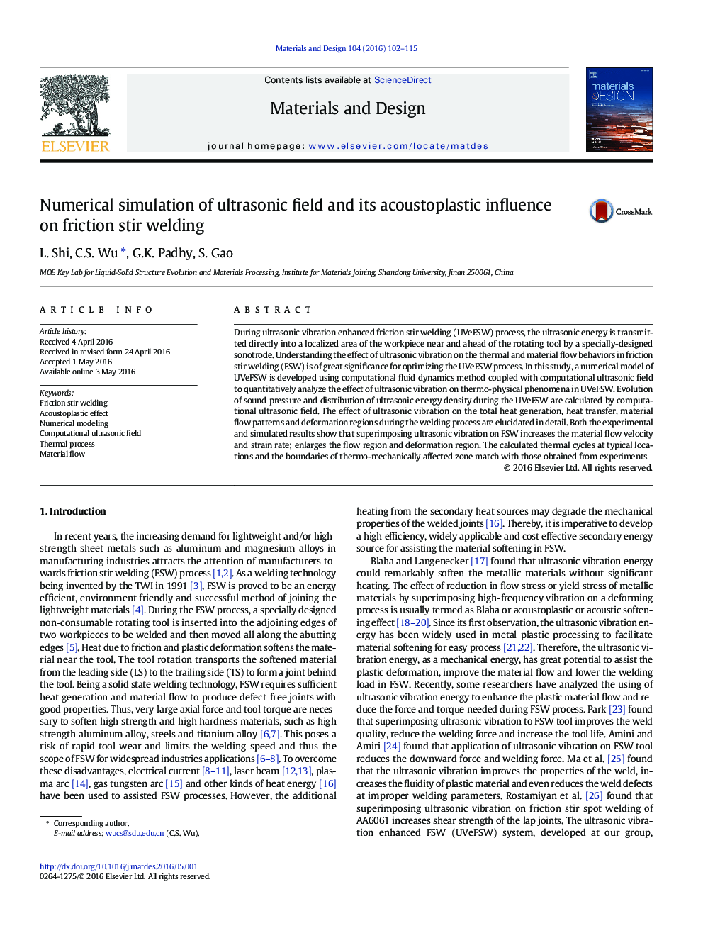 Numerical simulation of ultrasonic field and its acoustoplastic influence on friction stir welding