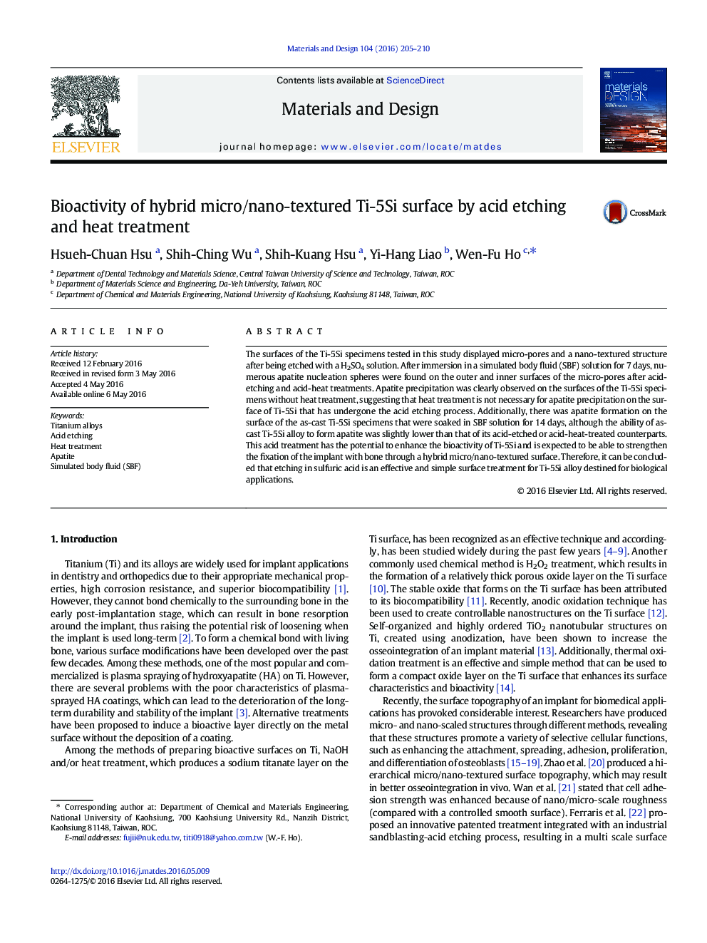 Bioactivity of hybrid micro/nano-textured Ti-5Si surface by acid etching and heat treatment