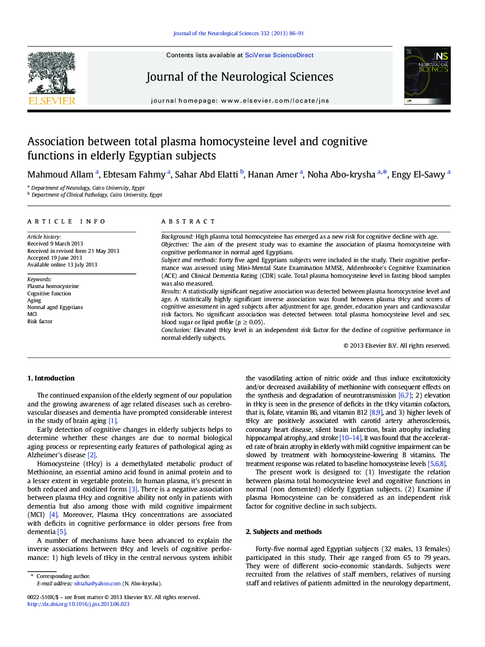 ارتباط سطح کل هوموسیستئین پلاسما و عملکرد شناختی در افراد سالخور مصری 