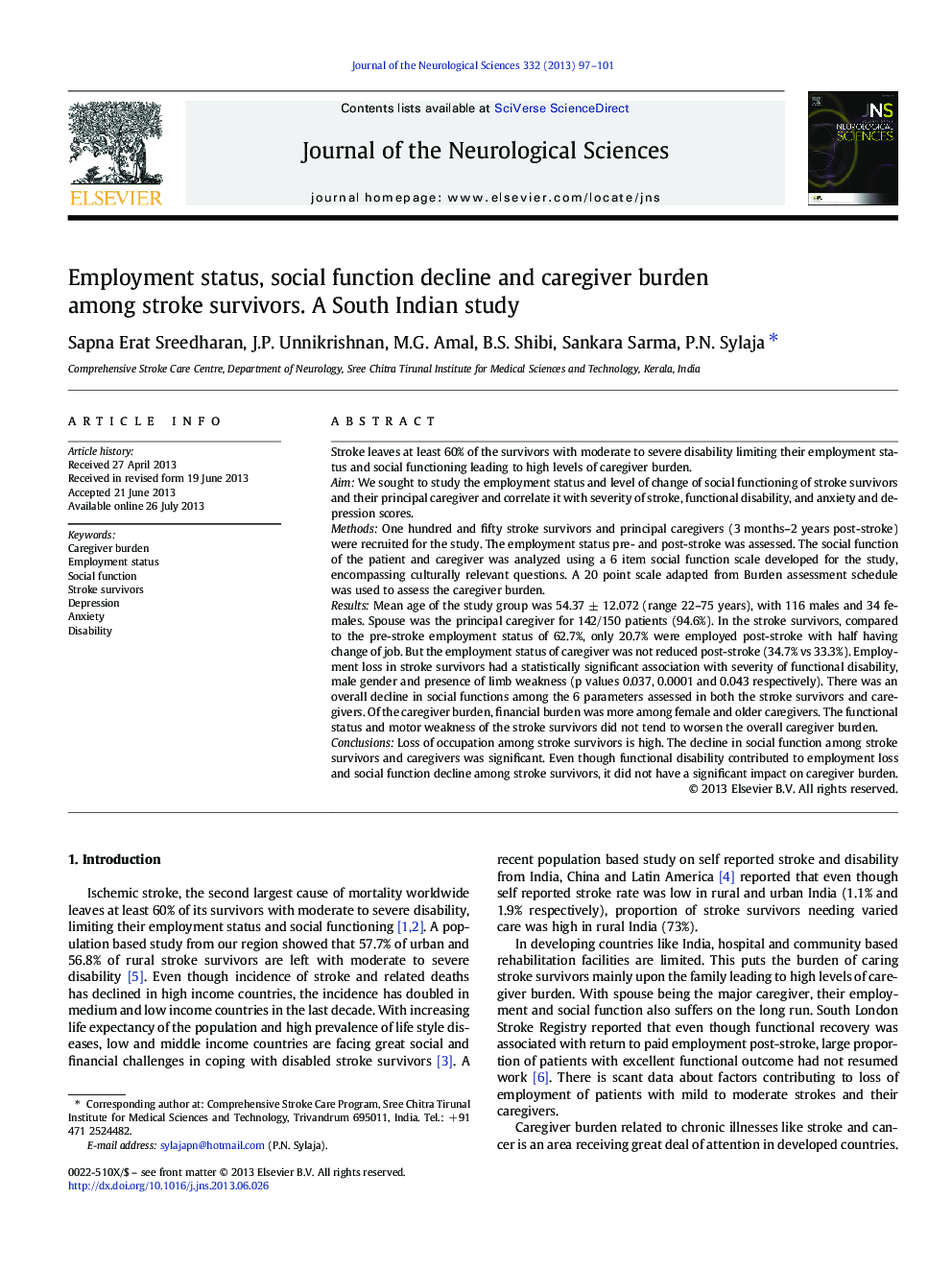 Employment status, social function decline and caregiver burden among stroke survivors. A South Indian study