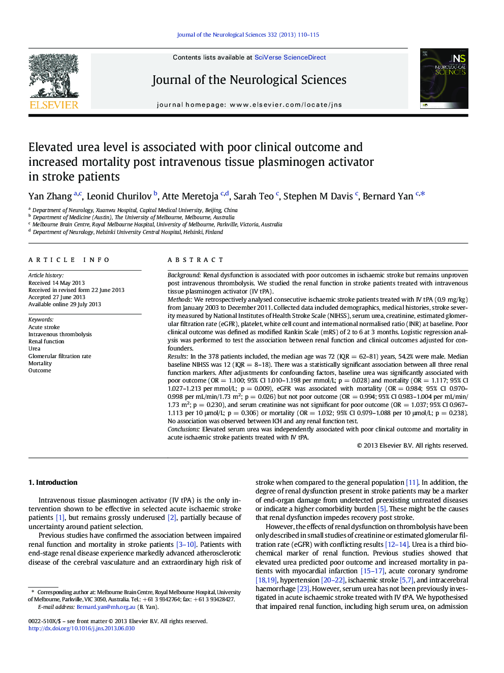 Elevated urea level is associated with poor clinical outcome and increased mortality post intravenous tissue plasminogen activator in stroke patients