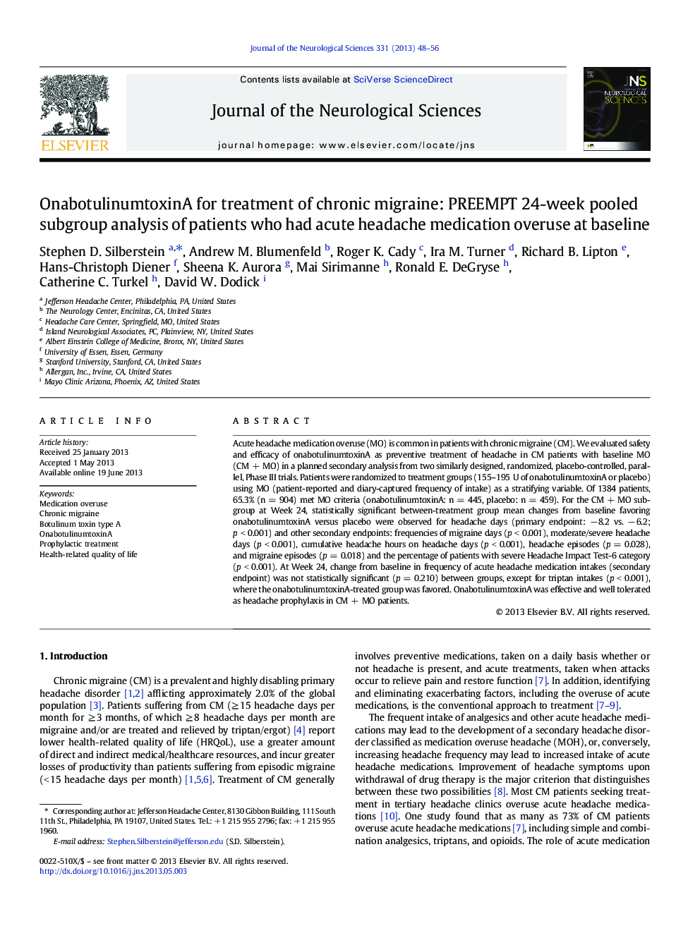 OnabotulinumtoxinA for treatment of chronic migraine: PREEMPT 24-week pooled subgroup analysis of patients who had acute headache medication overuse at baseline